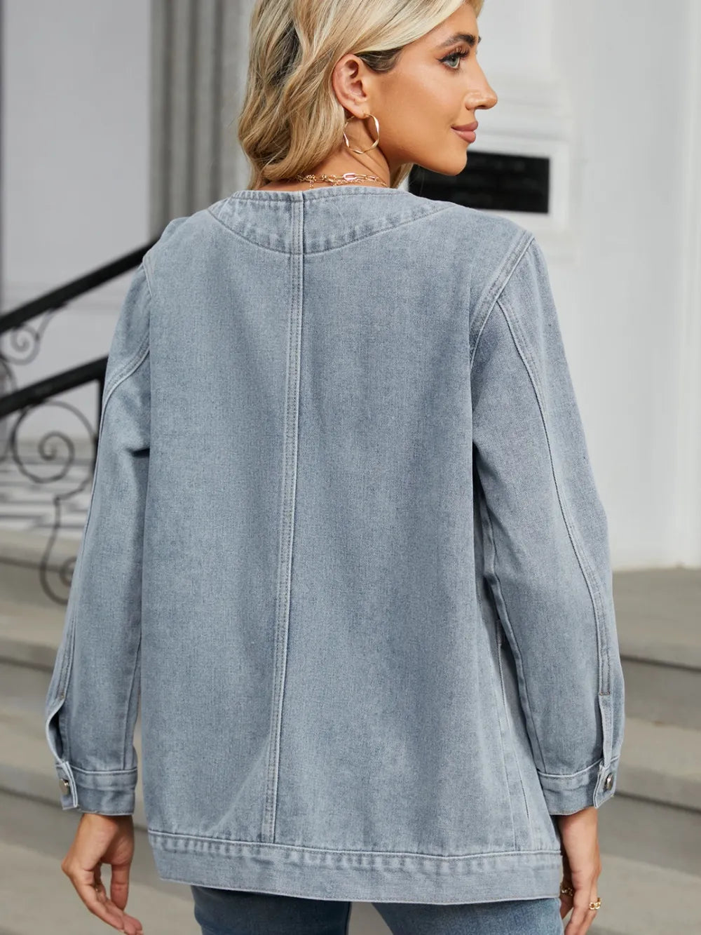 Pocketed V-Neck Button Up Denim Jacket Secondary image