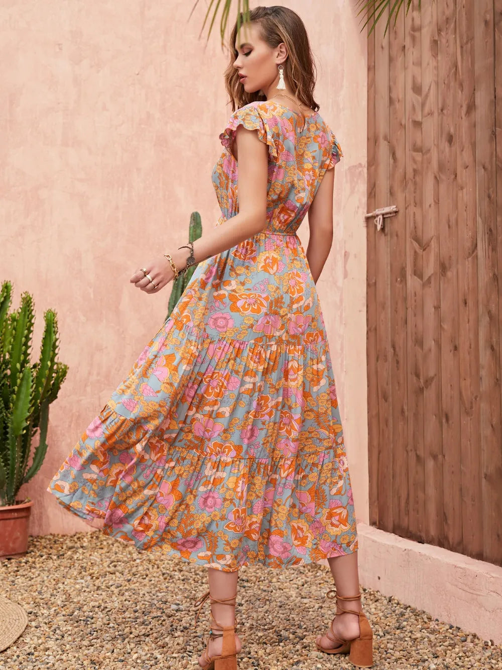 Ruffled Printed V-Neck Cap Sleeve Tiered Dress Secondary image
