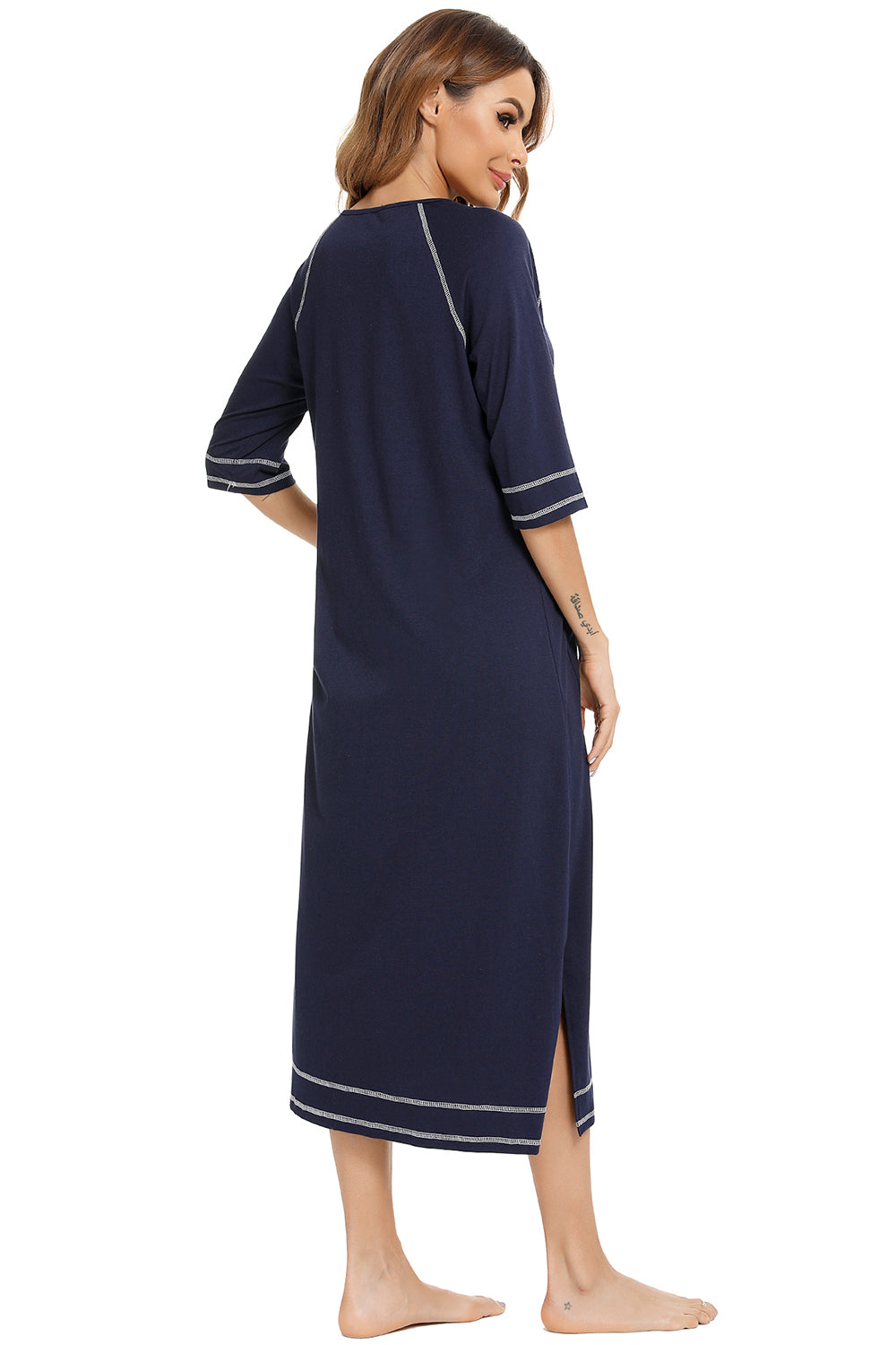 Zip Up Slit Round Neck Night Dress with Pockets Secondary image