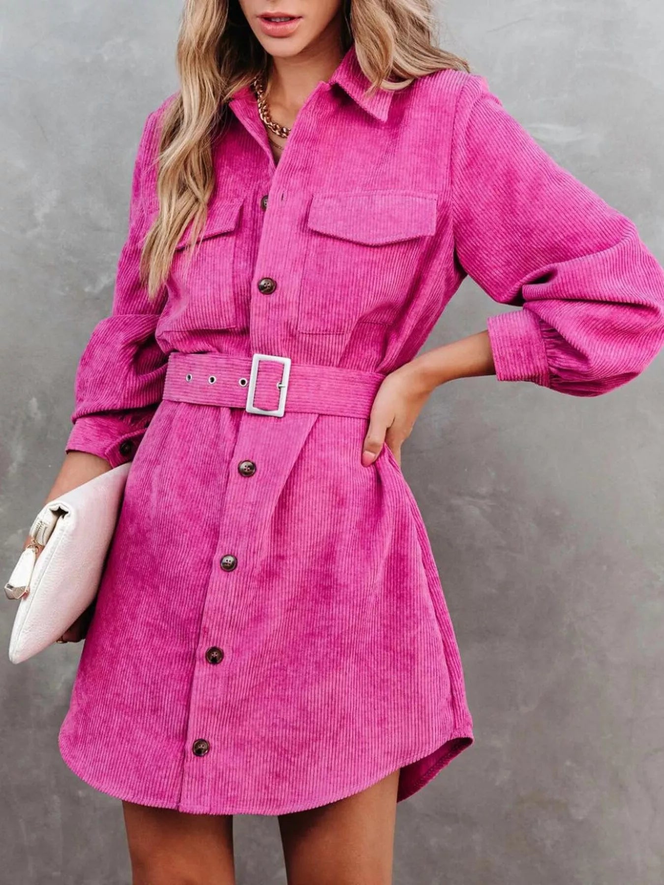 Button Front Belt Long Sleeve Corduroy Dress Secondary image