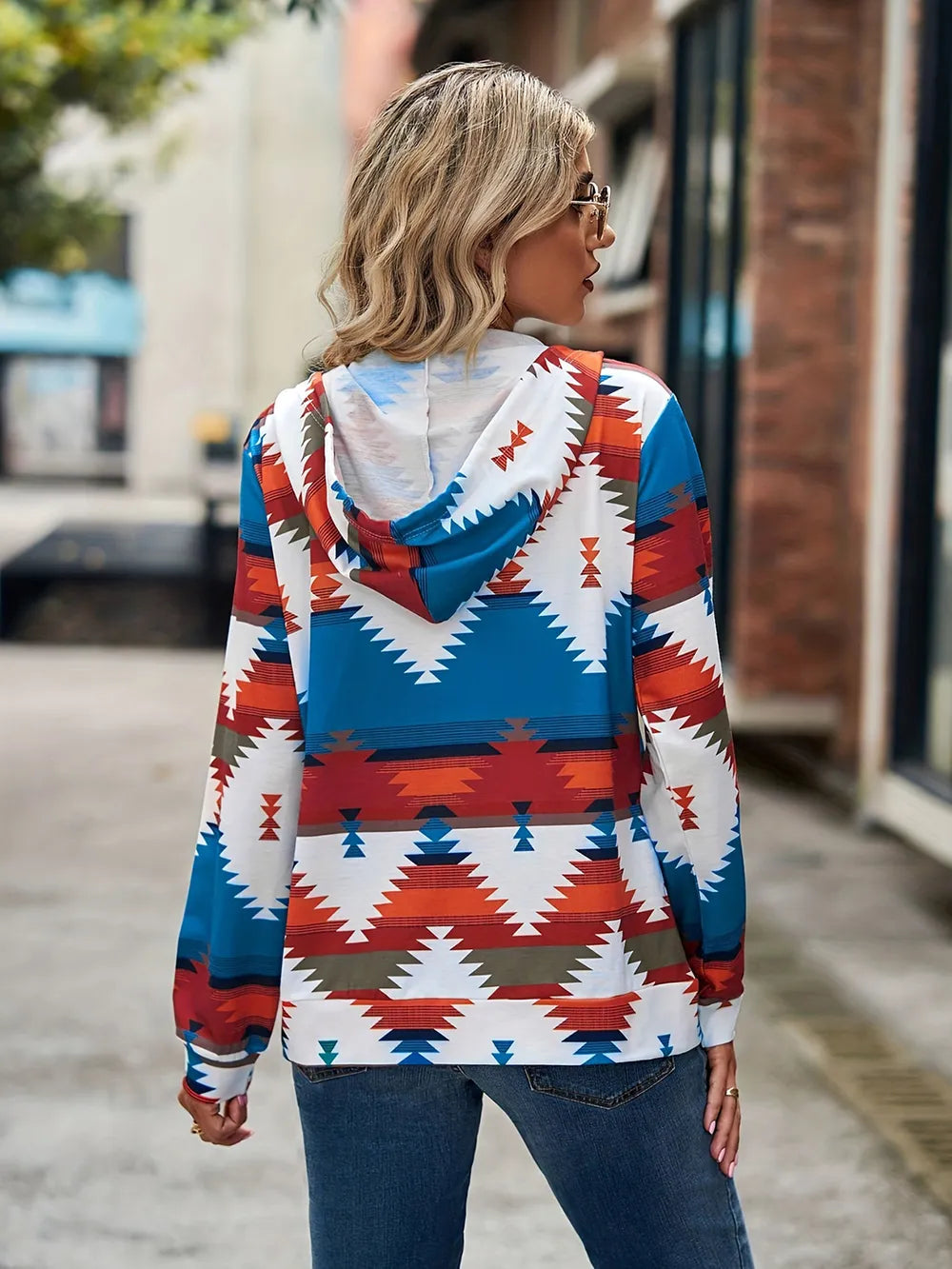 Geometric Zip Up Long Sleeve Hooded Jacket Secondary image