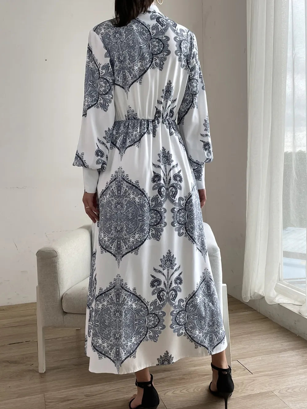 Printed Notched Lantern Sleeve Midi Dress Secondary image