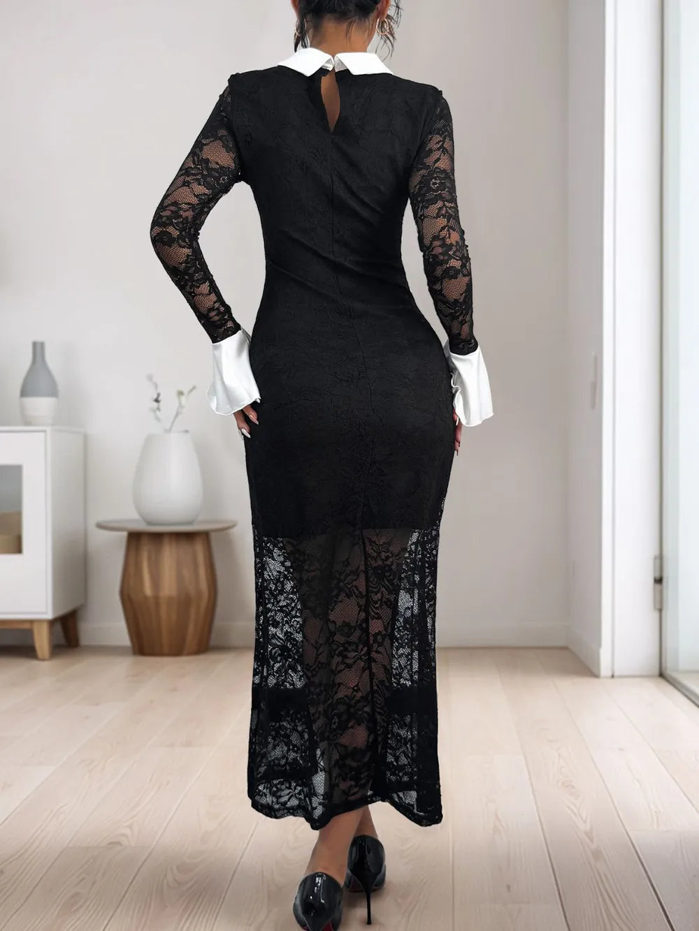 Perfee Lace Contrast Collared Neck Long Sleeve Midi Dress Secondary image