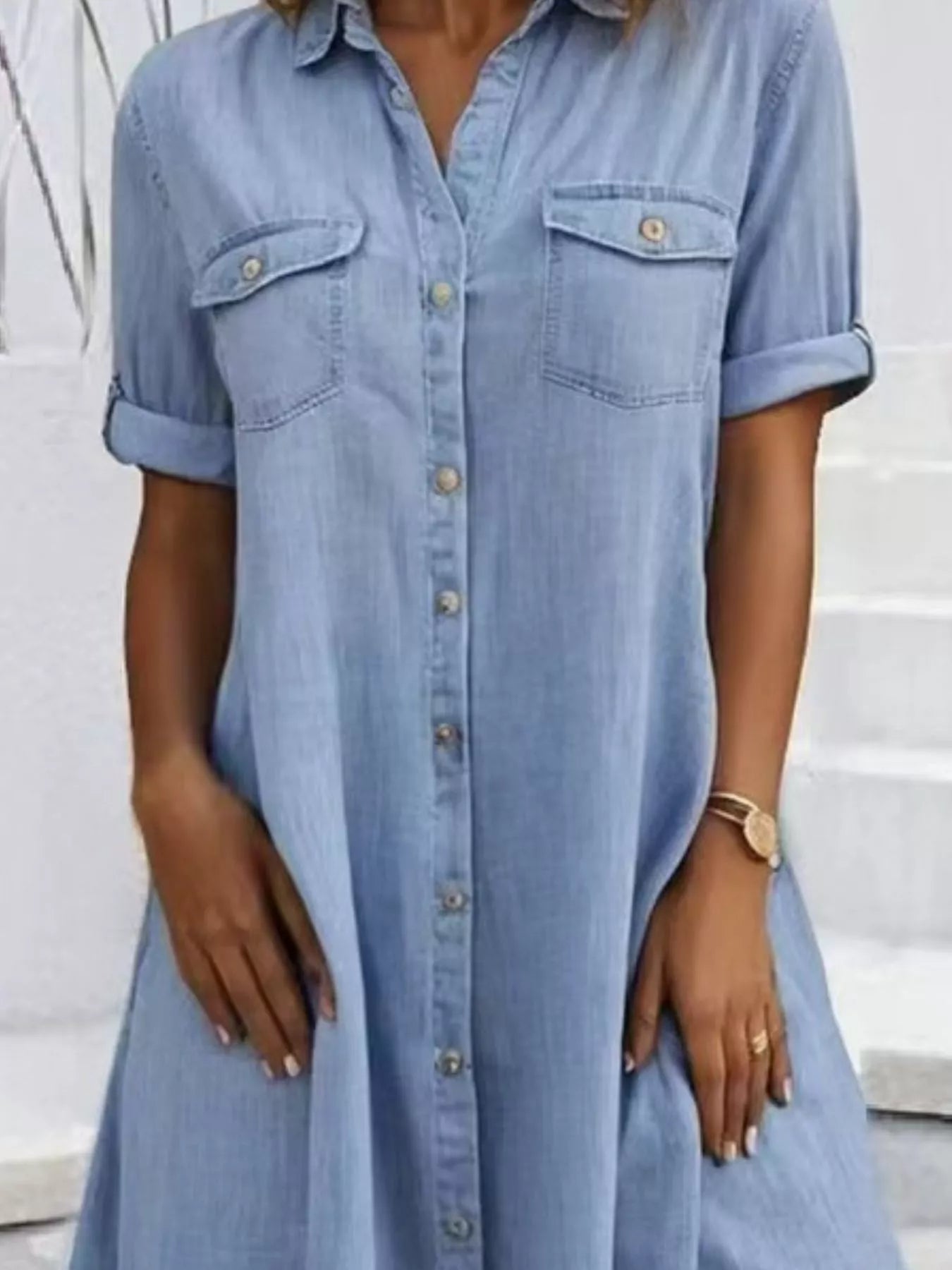 Full Size Button-Front Short Sleeve Denim Dress Plus Size Secondary image