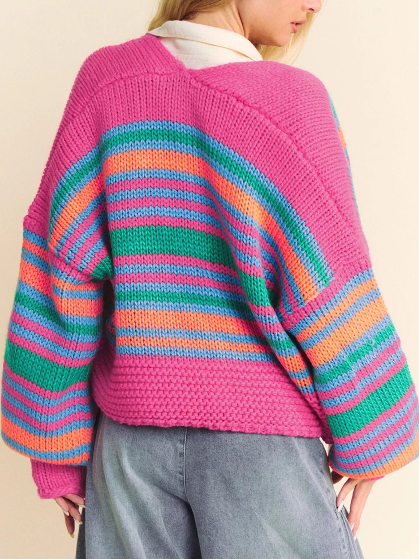 Stripe Colorful Puff Sleeve Drop Shoulder Loose Cardigan Secondary image