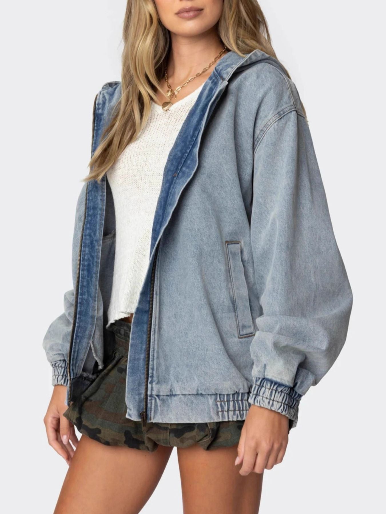 Hooded Oversized Zip Up Denim Jacket Secondary image