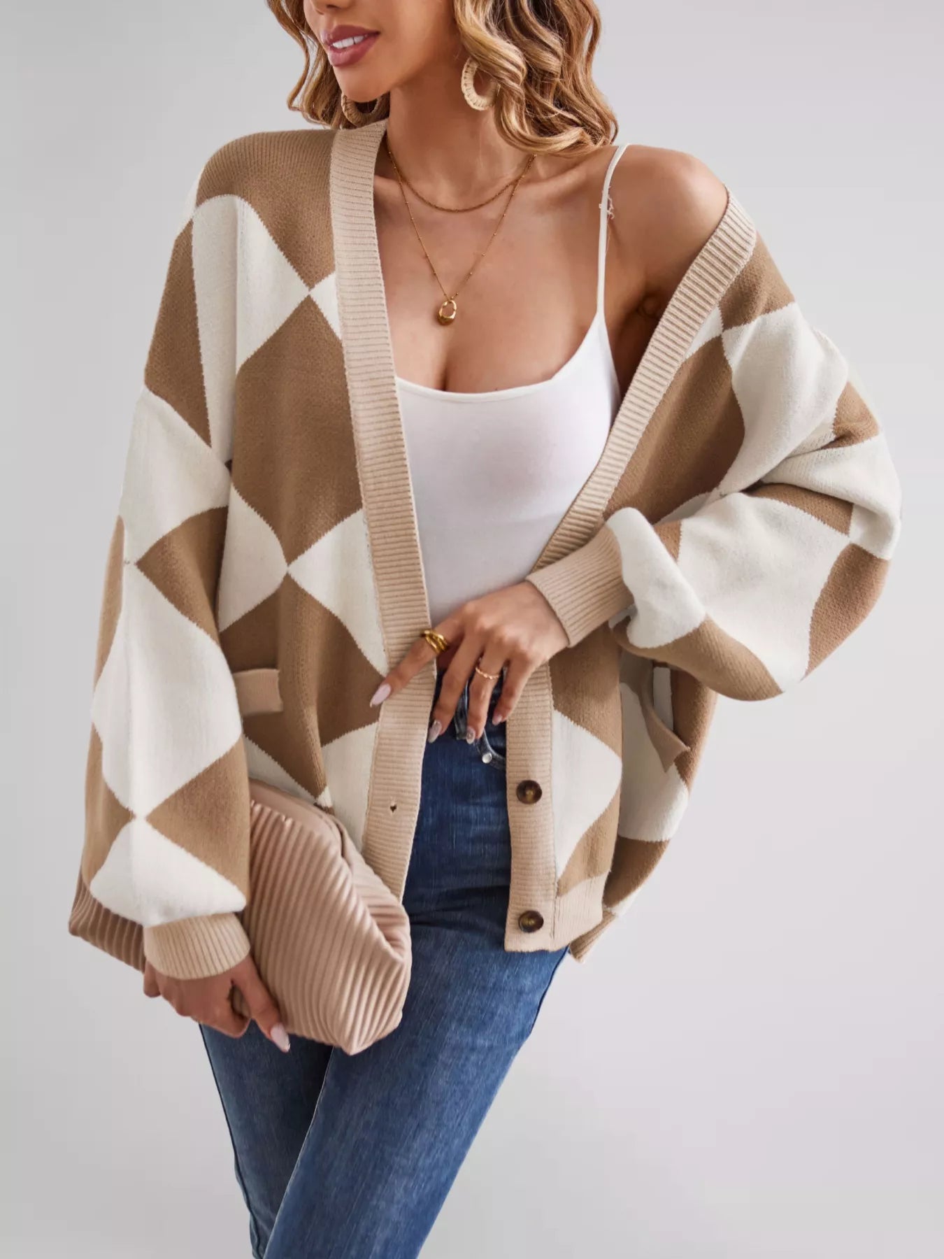 Diamond Pattern Button-Up Knit Cardigan Secondary image