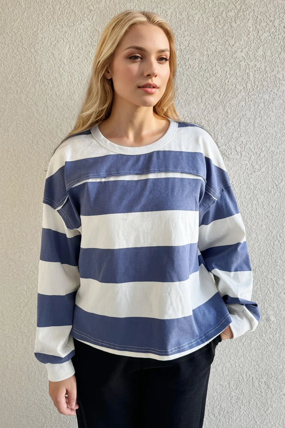 Oh Pima Cotton Wash Exposed Seam Contrast Striped Round Neck Long Sleeve T-Shirt Secondary image