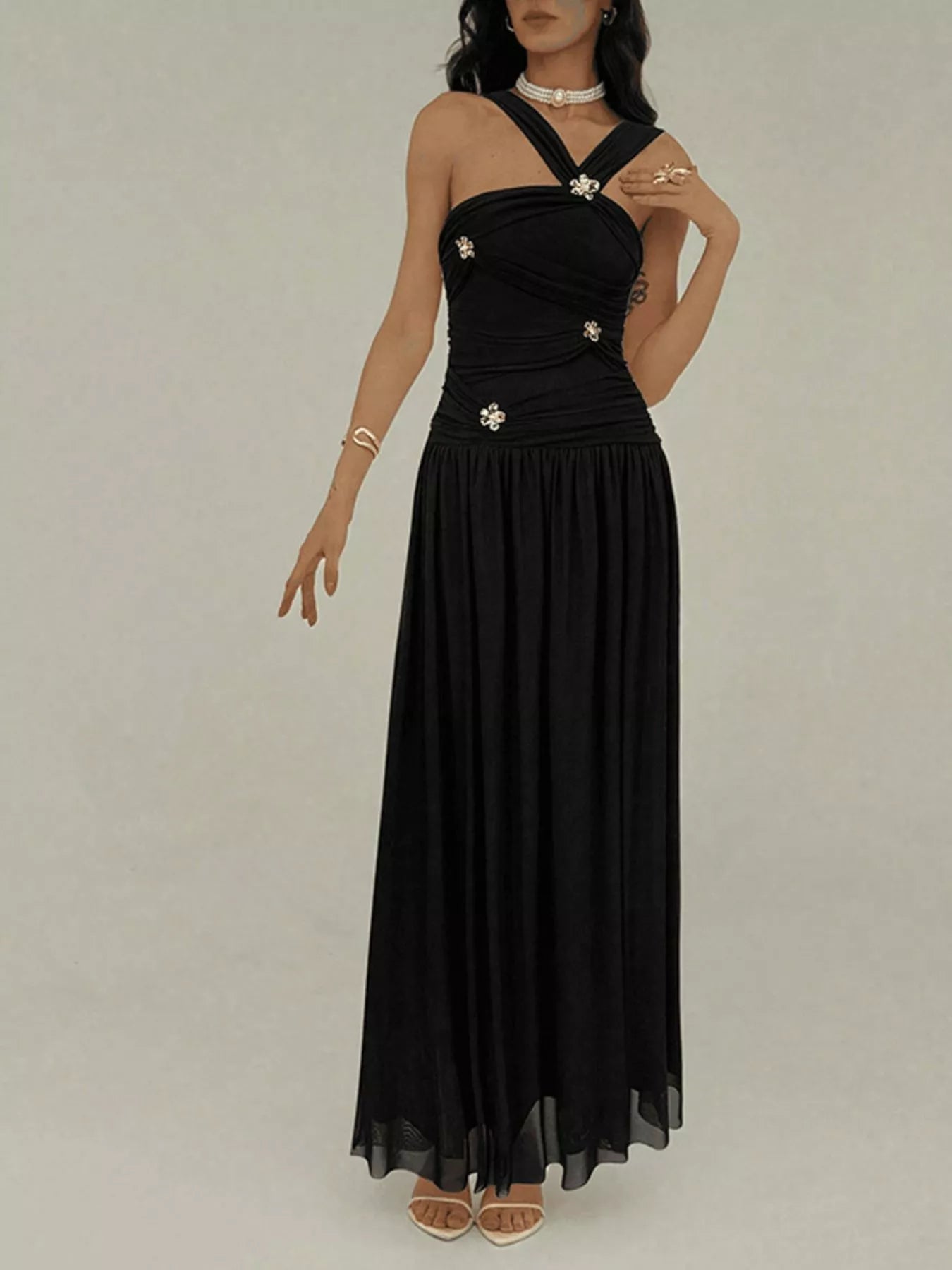 Ruched Sleeveless Maxi Dress with Embellishments Secondary image