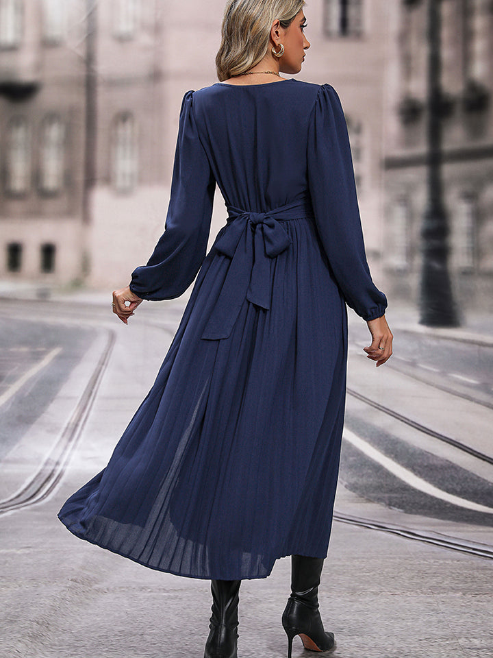 Perfee V-Neck Long Sleeve Pleated Slit Dress Secondary image