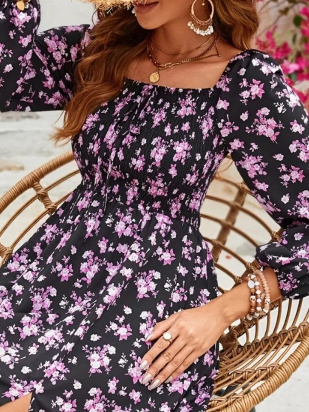 Slit Smocked Floral Square Neck Balloon Sleeve Midi Dress Secondary image