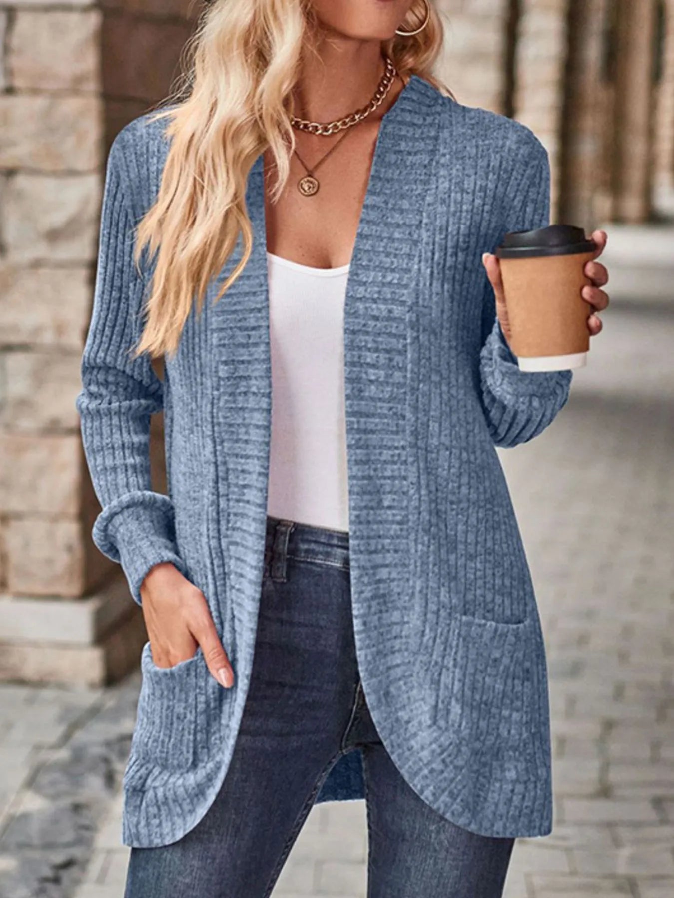 Ribbed Knit Open Front Cardigan with Pockets Secondary image