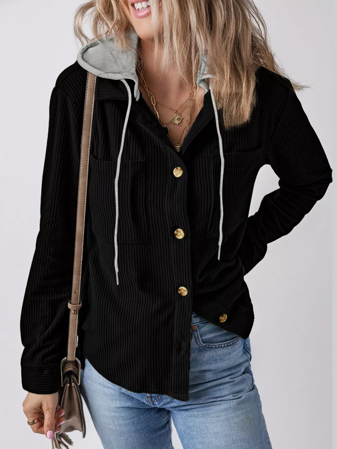 Plus Size Casual Corduroy Button-Down Hooded Jacket Secondary image