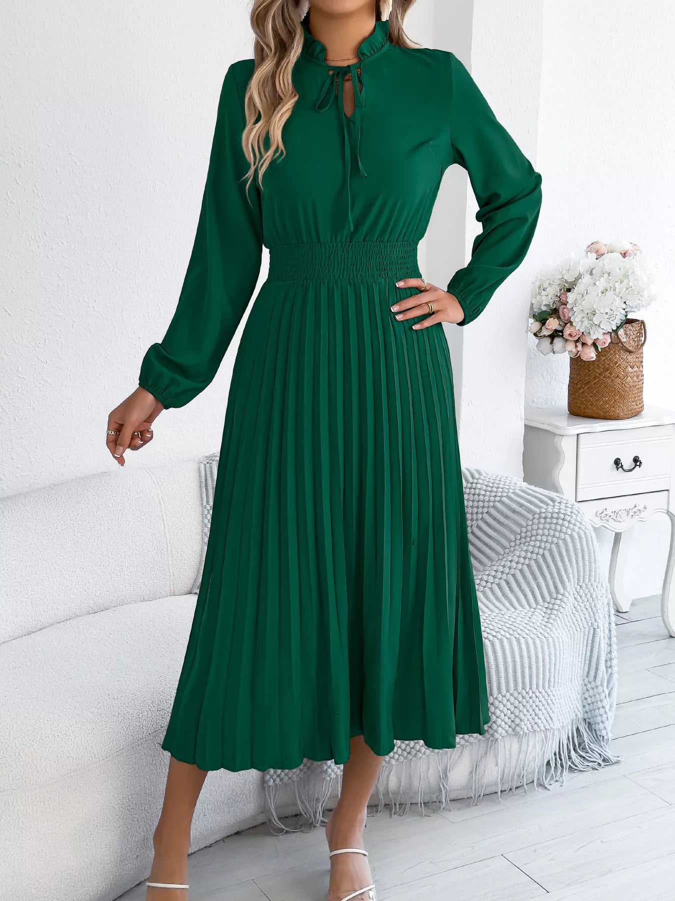 Smocked Pleated Tie Neck Dress Secondary image
