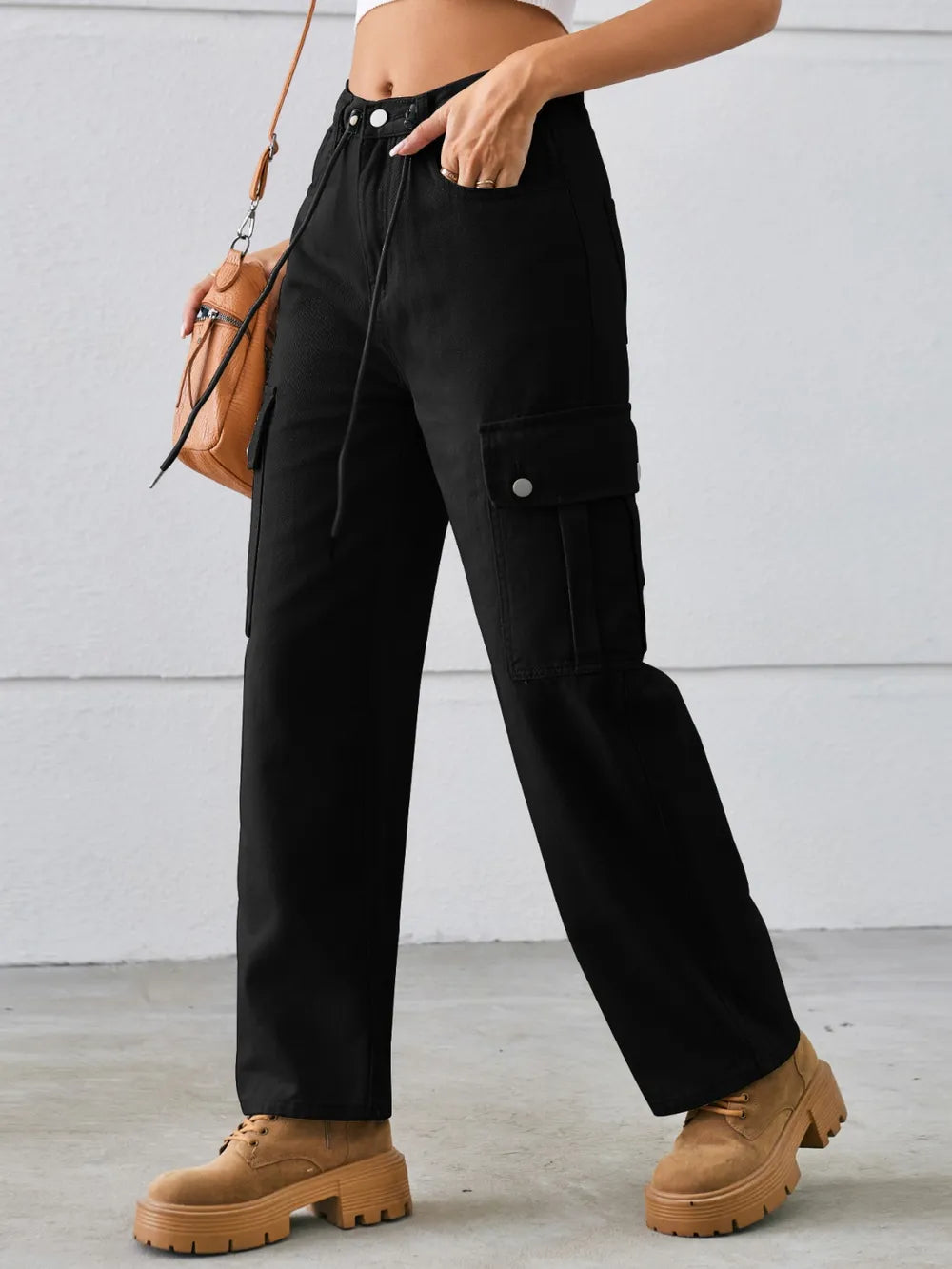 Drawstring Mid-Rise Waist Straight Cargo Jeans Secondary image