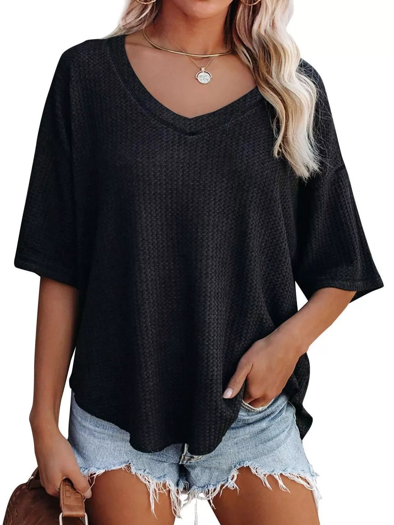 Waffle Knit V-Neck Short Sleeve T-Shirt Secondary image