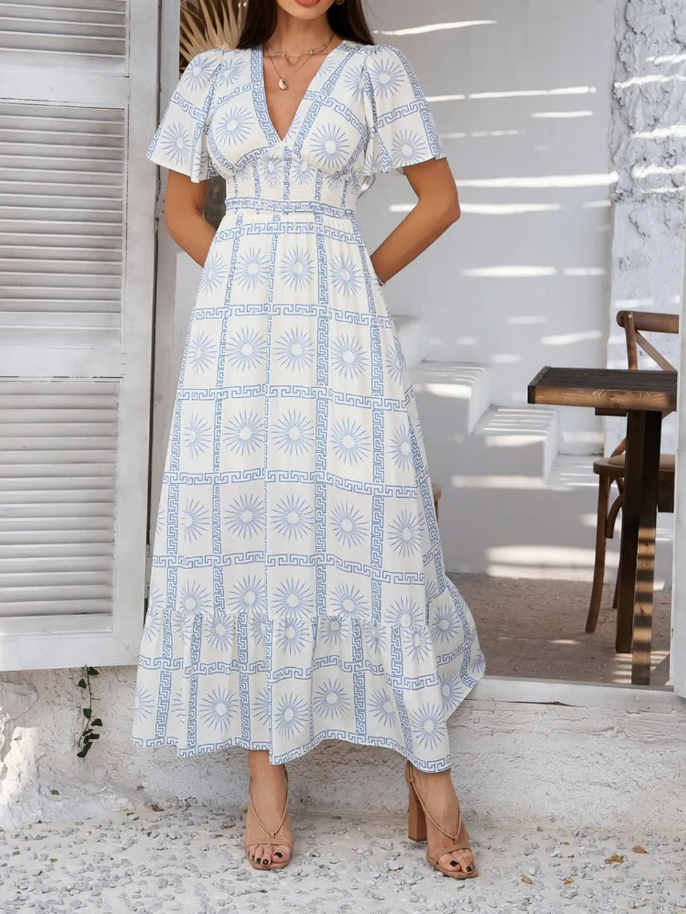 Devine Smocked Printed V-Neck Short Sleeve Maxi Dress Secondary image