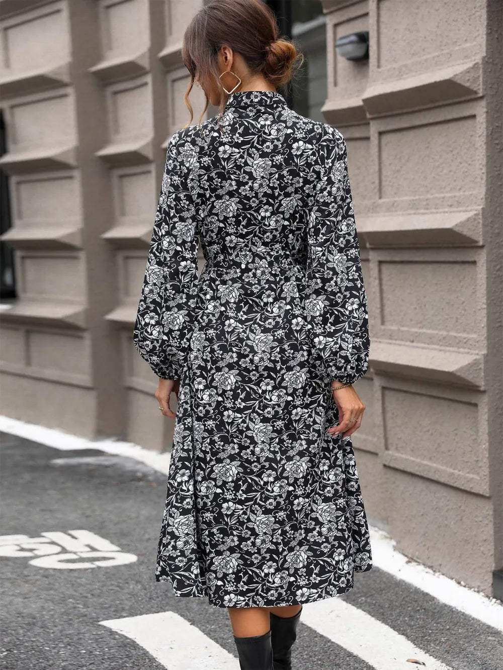 Perfee Lace Detail Printed Long Sleeve Midi Dress Secondary image