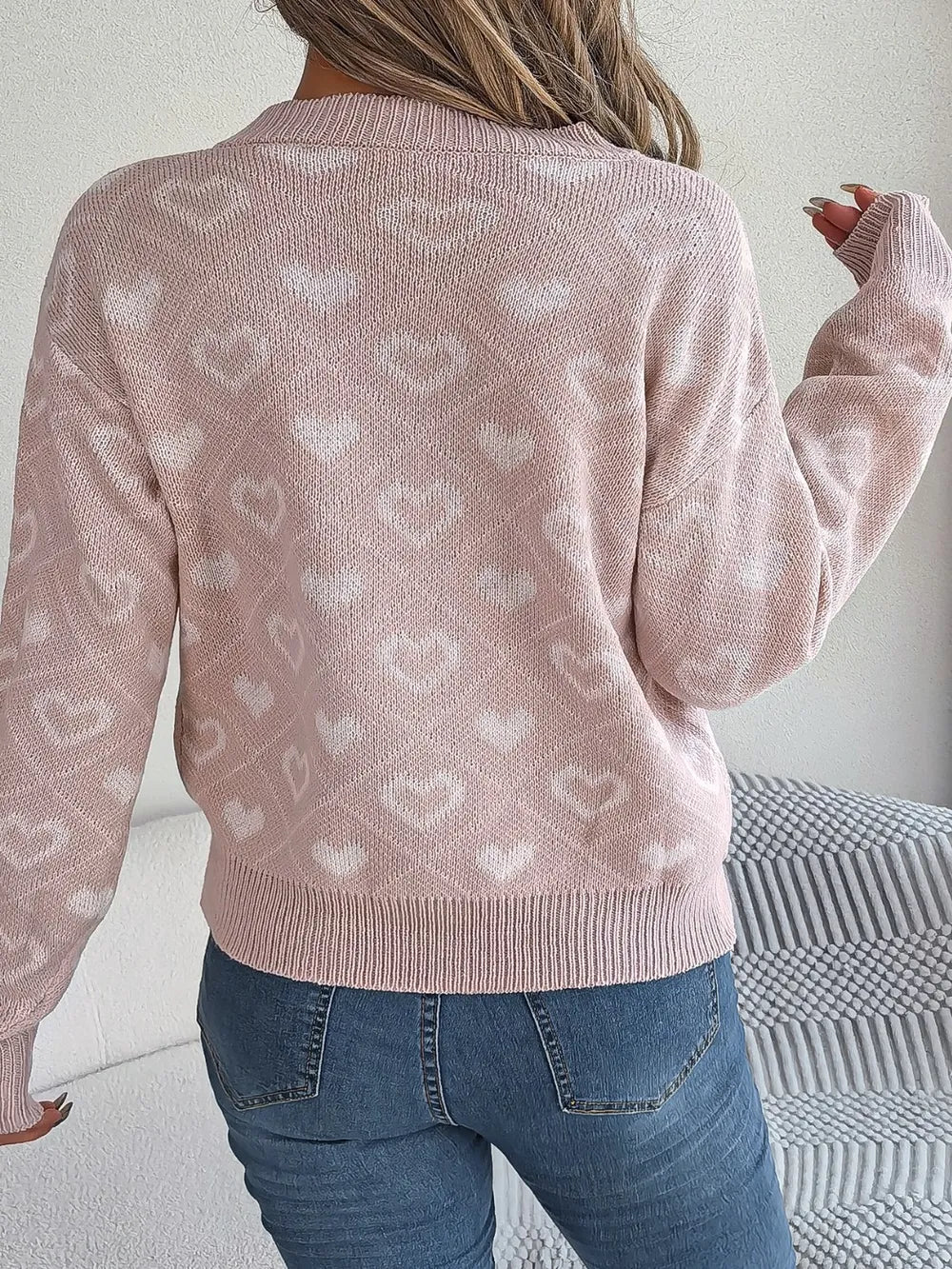 Heart Pattern V-Neck Long Sleeve Sweater Secondary image