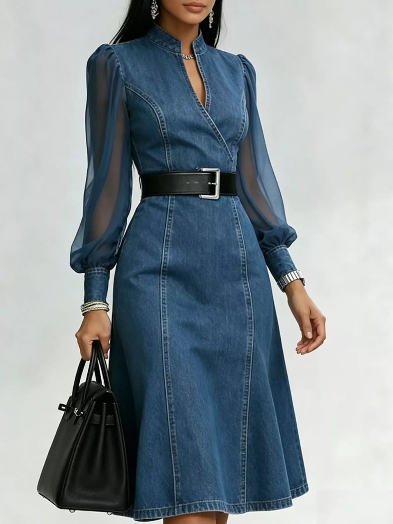 Denim Midi Dress with Sheer Sleeves Secondary image