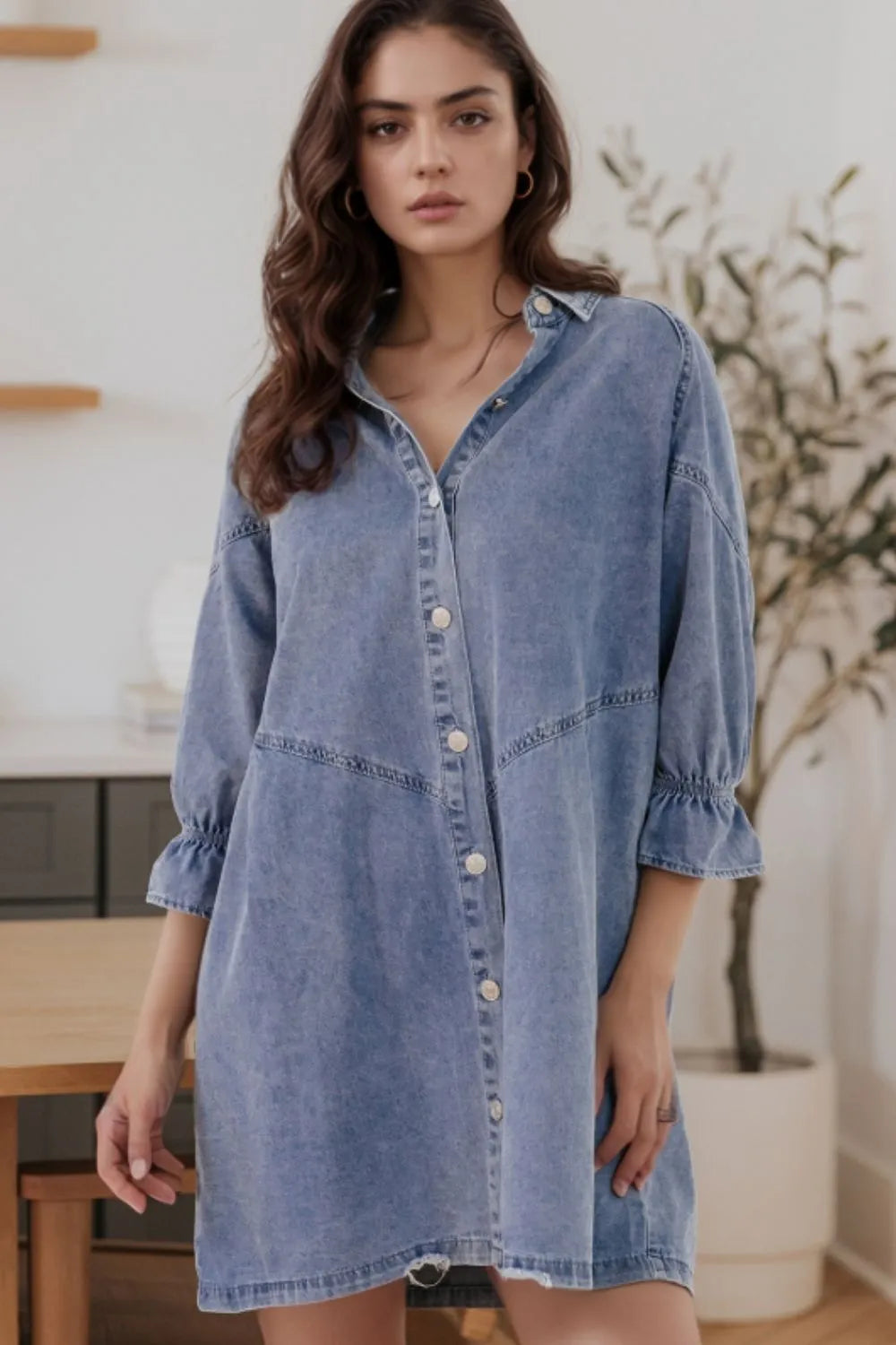 Distressed Collared Neck Flounce Sleeve Denim Dress Secondary image