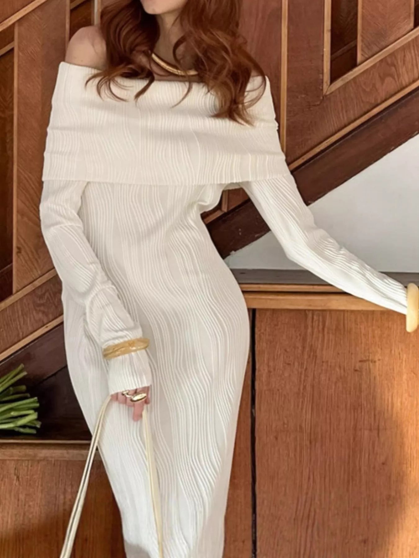 Off-Shoulder Textured Knit Maxi Dress Secondary image