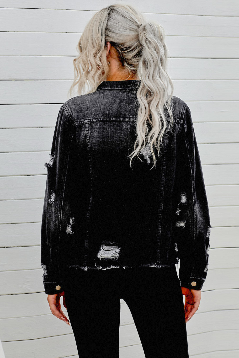 Distressed Raw Hem Buttons Denim Jacket Secondary image