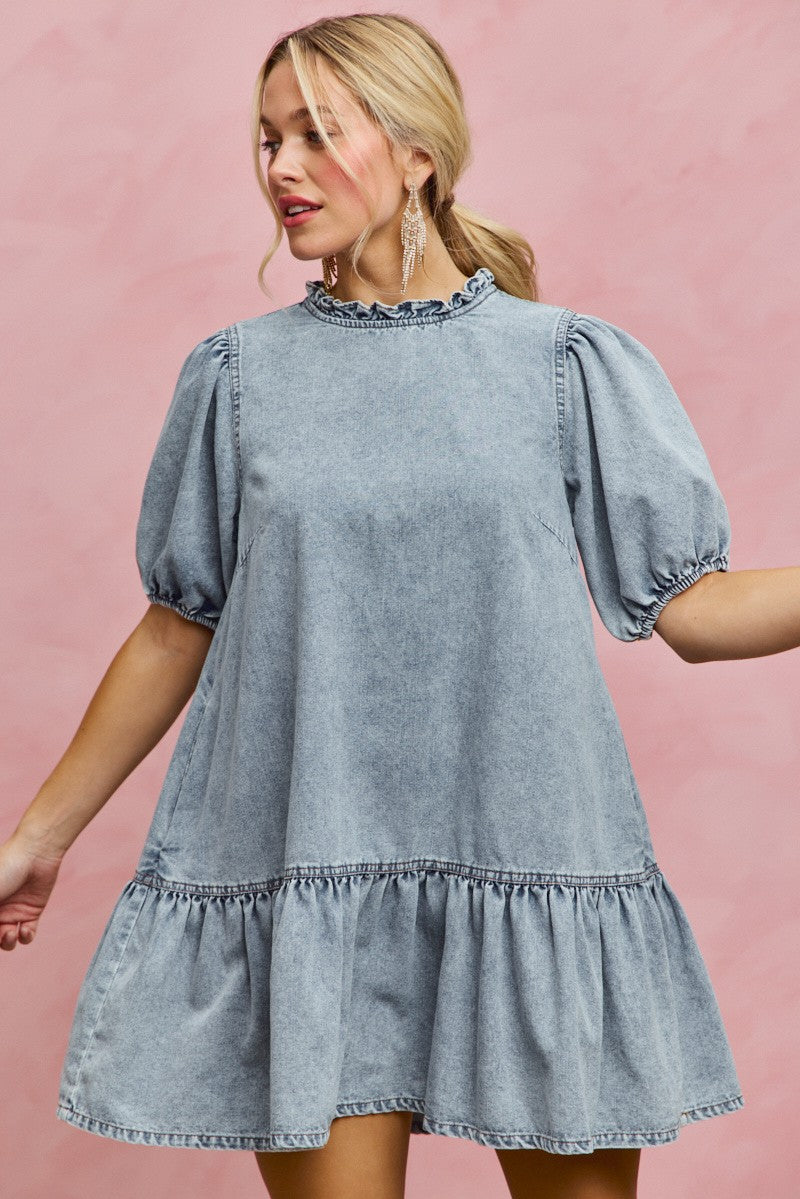 SO ME Denim Short Sleeves Mini Tiered Dress Secondary image
