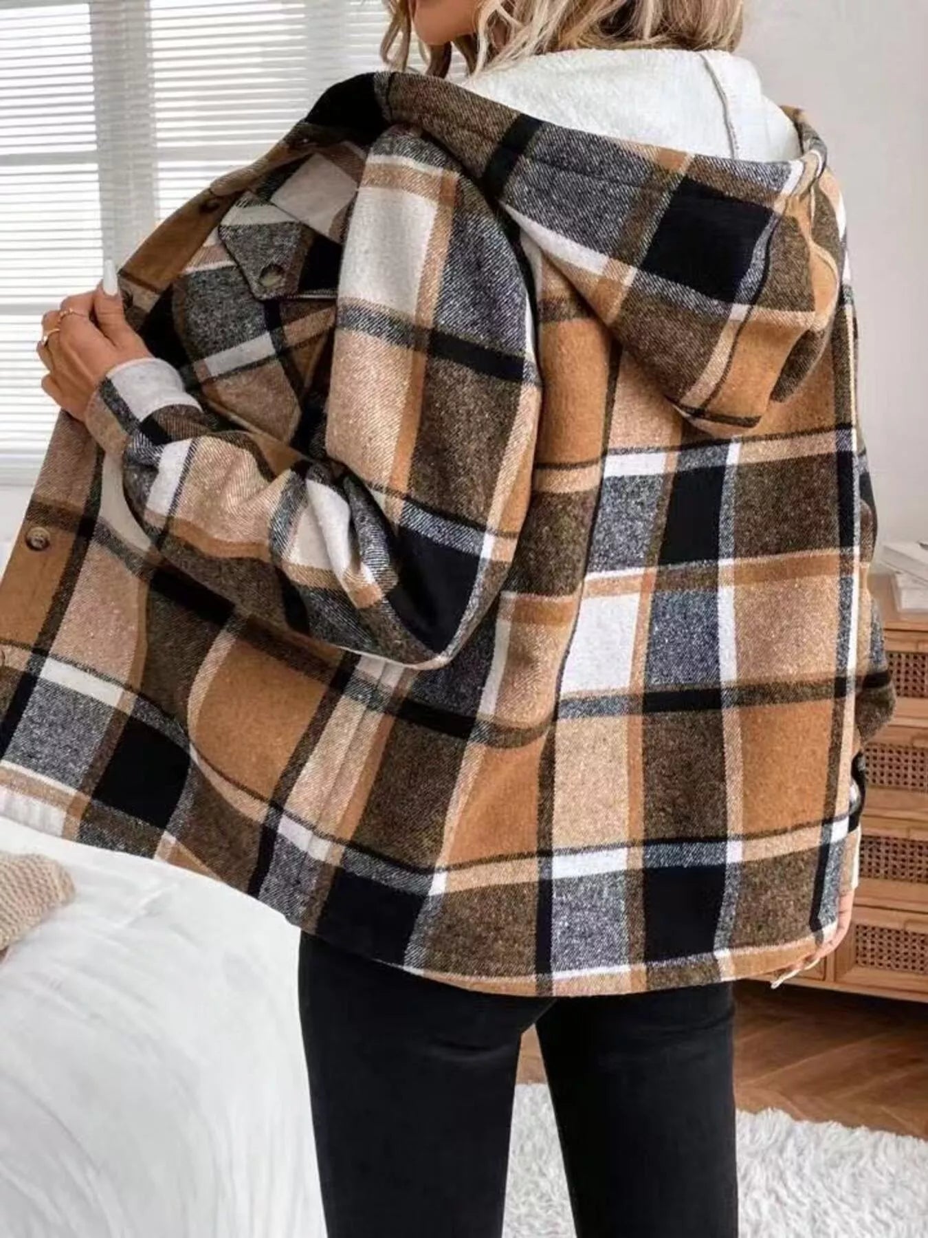 Hooded Plaid Button Up Jacket Secondary image