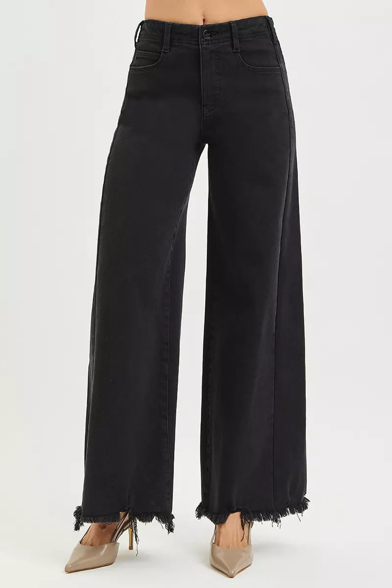 RISEN Tummy Control High Rise Palazzo Leg Frayed Hem Jeans Secondary image
