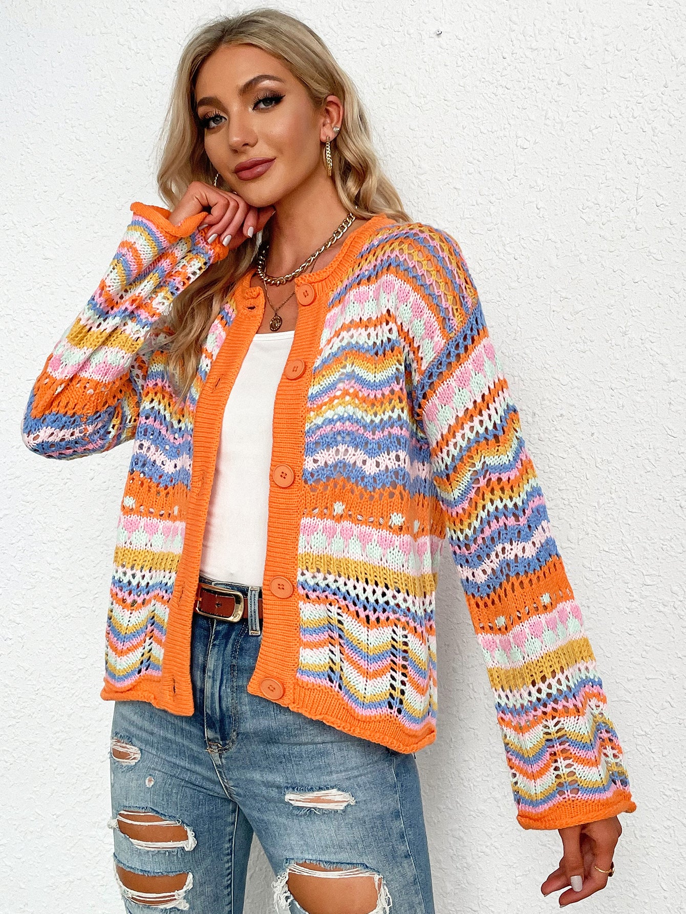 Chevron Stripes Openwork Cardigan Secondary image