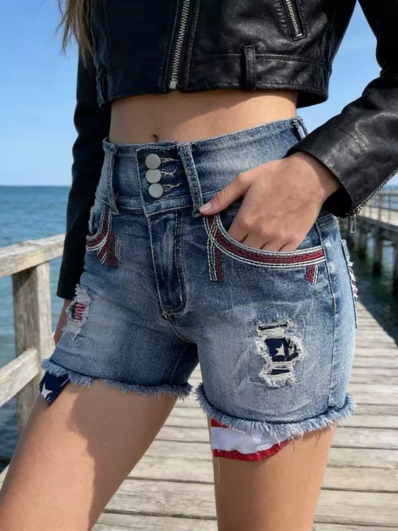 American Flag Distressed Denim Shorts Secondary image