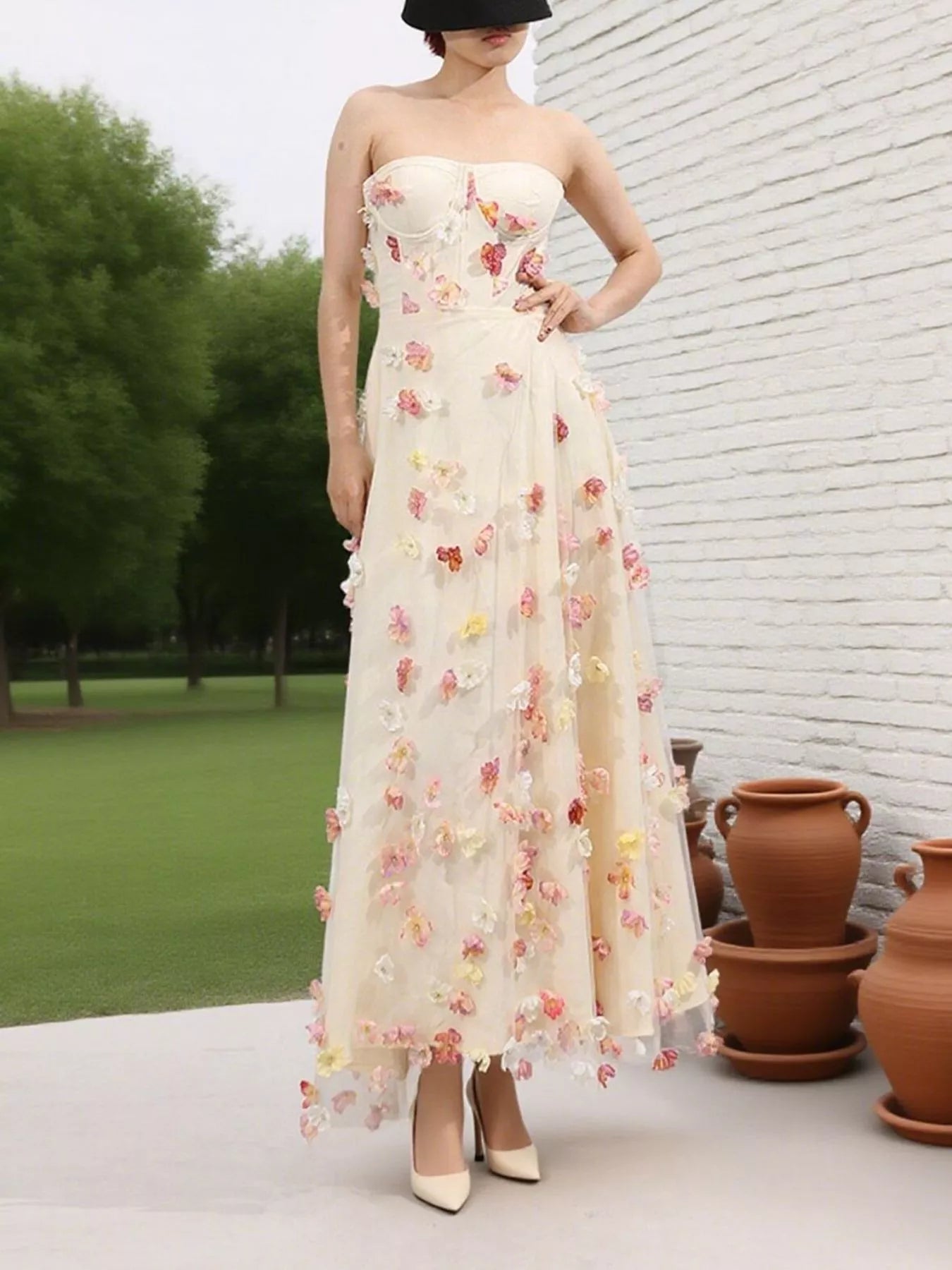 Floral Applique Strapless Tulle Maxi Dress Secondary image