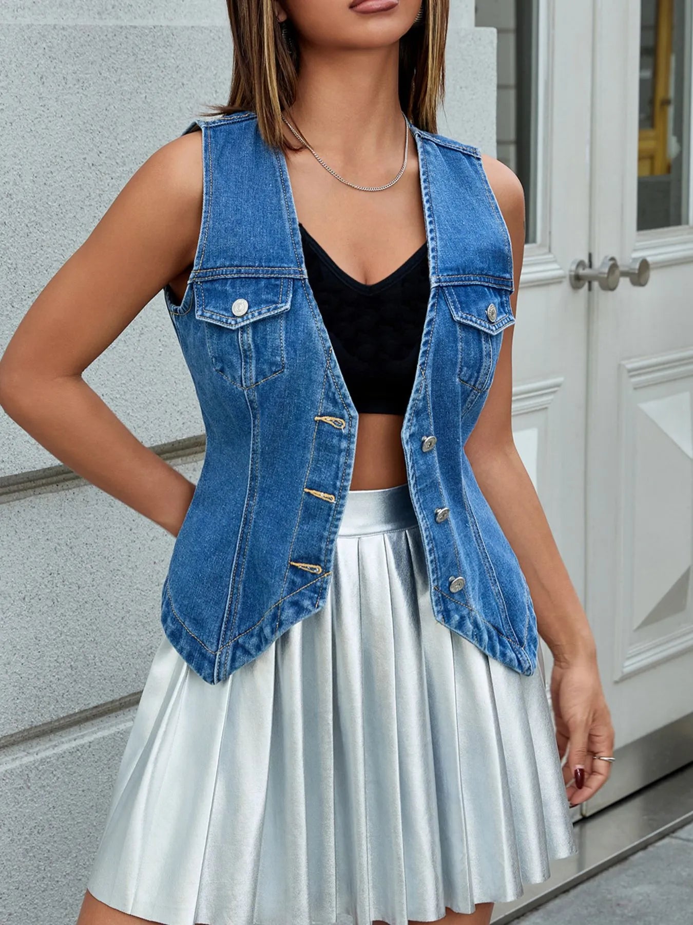 V-Neck Button-Front Denim Vest Secondary image