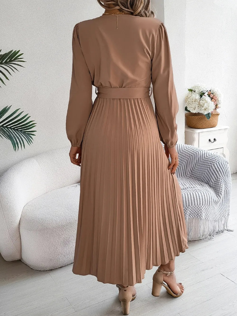 Pleated Tied V-Neck Long Sleeve Dress Secondary image