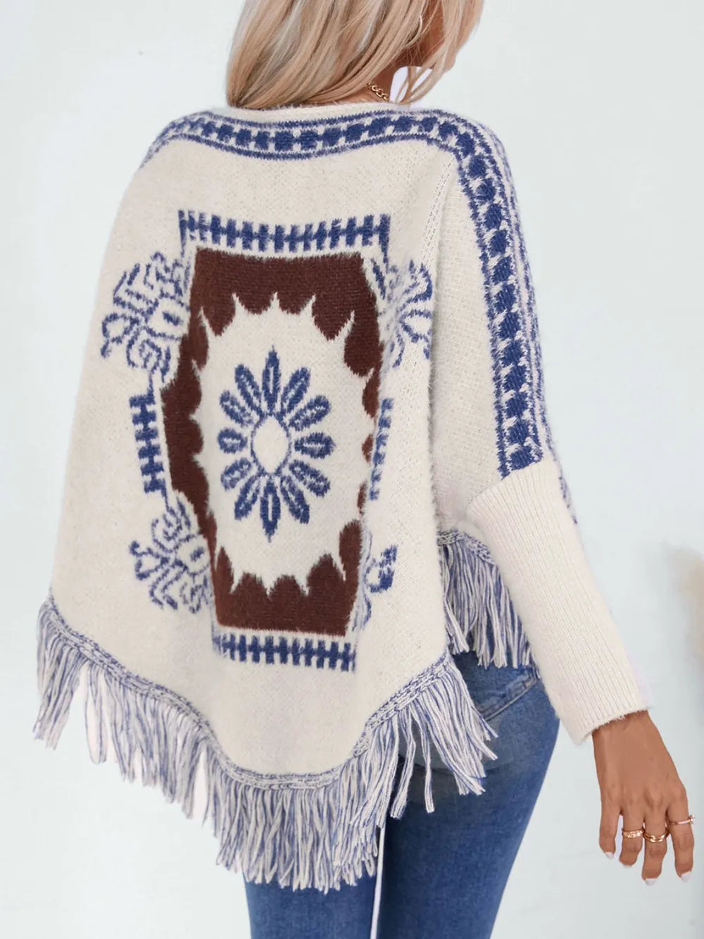 Fringe Geometric Long Sleeve Poncho Secondary image