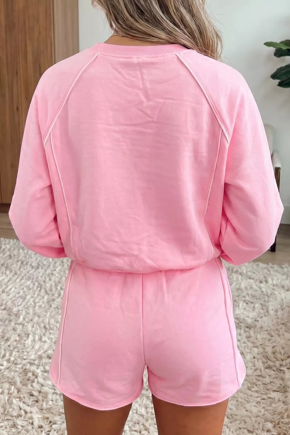 Piping Trim Long Sporty Pullover Drawstring Elastic Waist Shorts Set Secondary image
