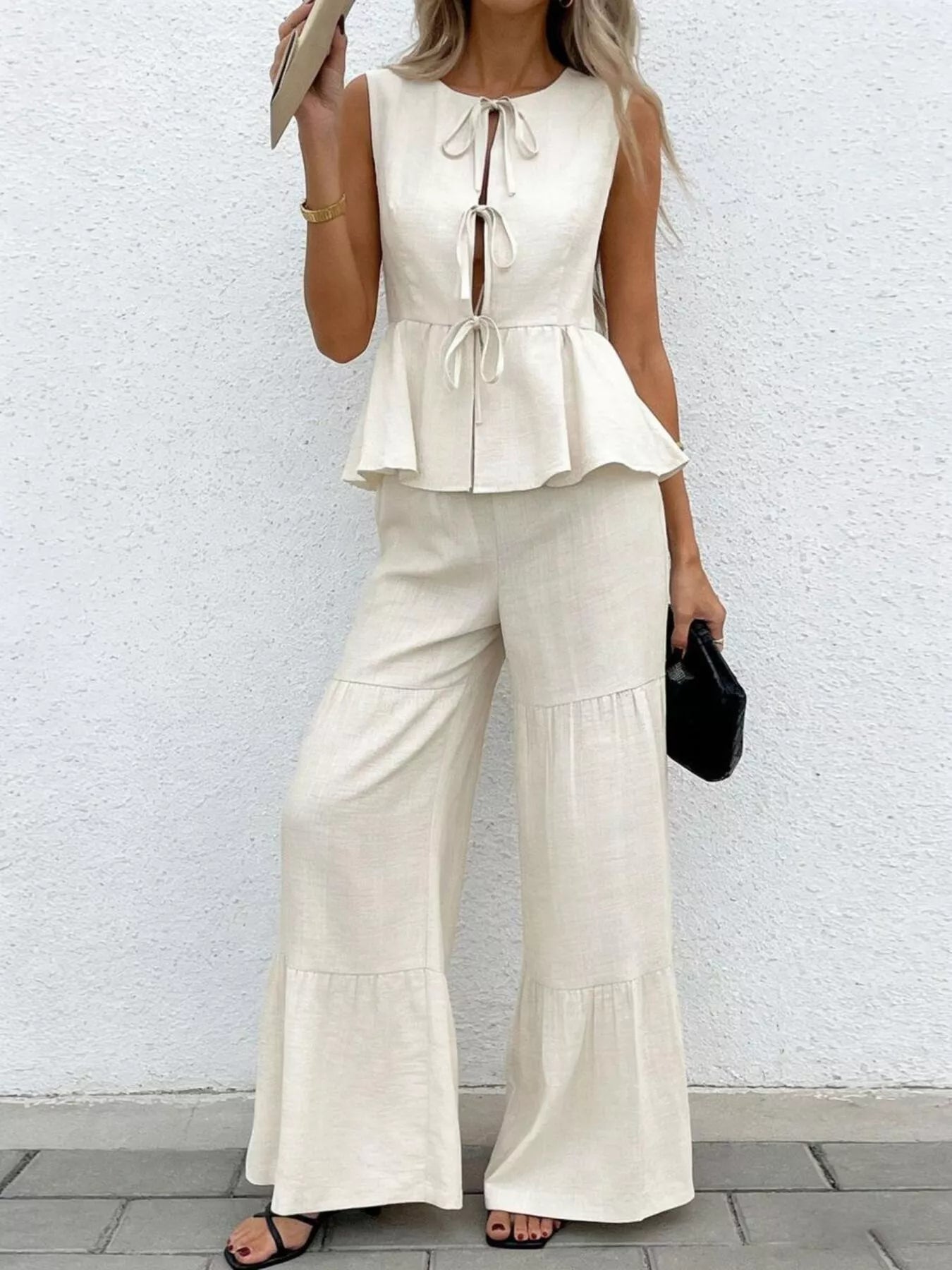 Sleeveless Tie-Front Top and Wide Leg Pants Set Secondary image