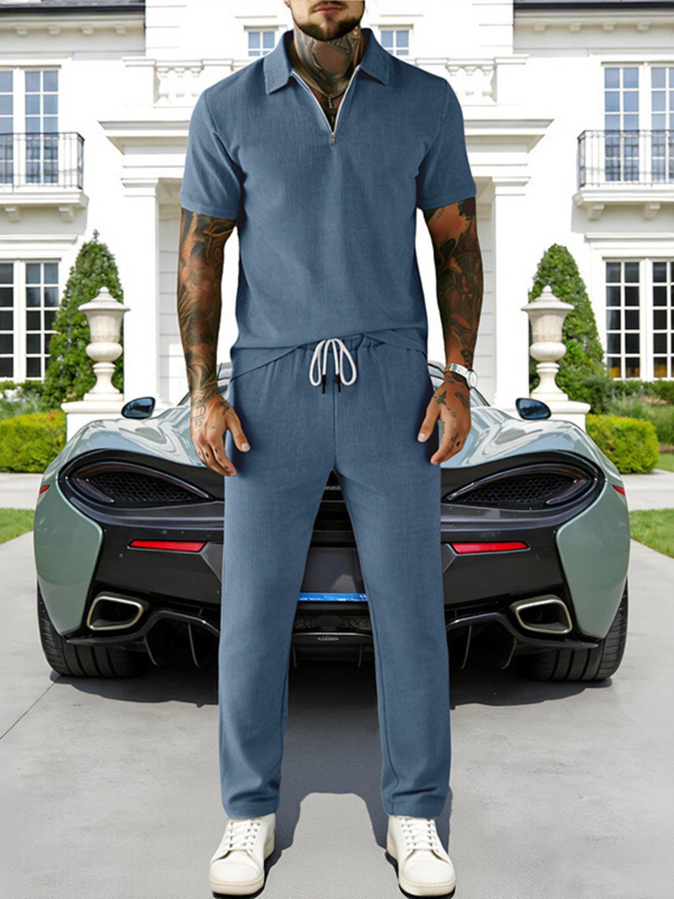 Men's Full Size Casual Zipper Polo Shirt and Drawstring Pants Set Plus Size Secondary image