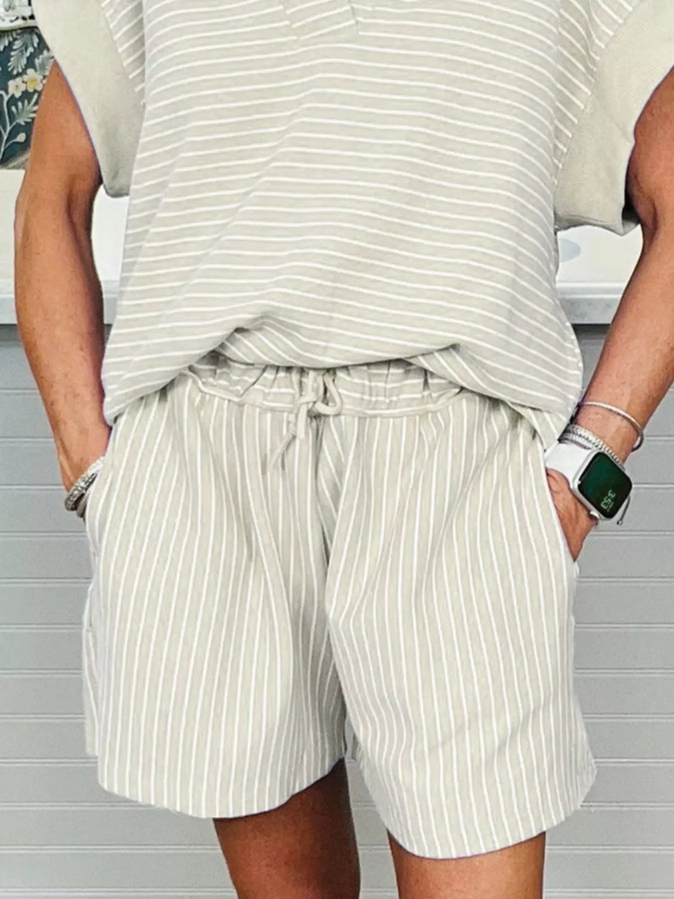 Stripe Dolman Sleeve Polo Shirt and Drawstring Shorts Set Secondary image