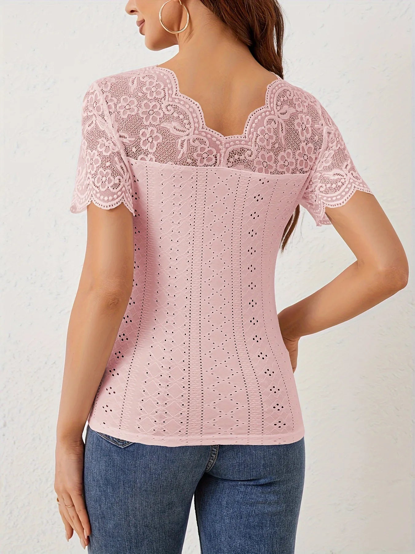 Lace Scalloped V-Neck Eyelet T-Shirt Secondary image
