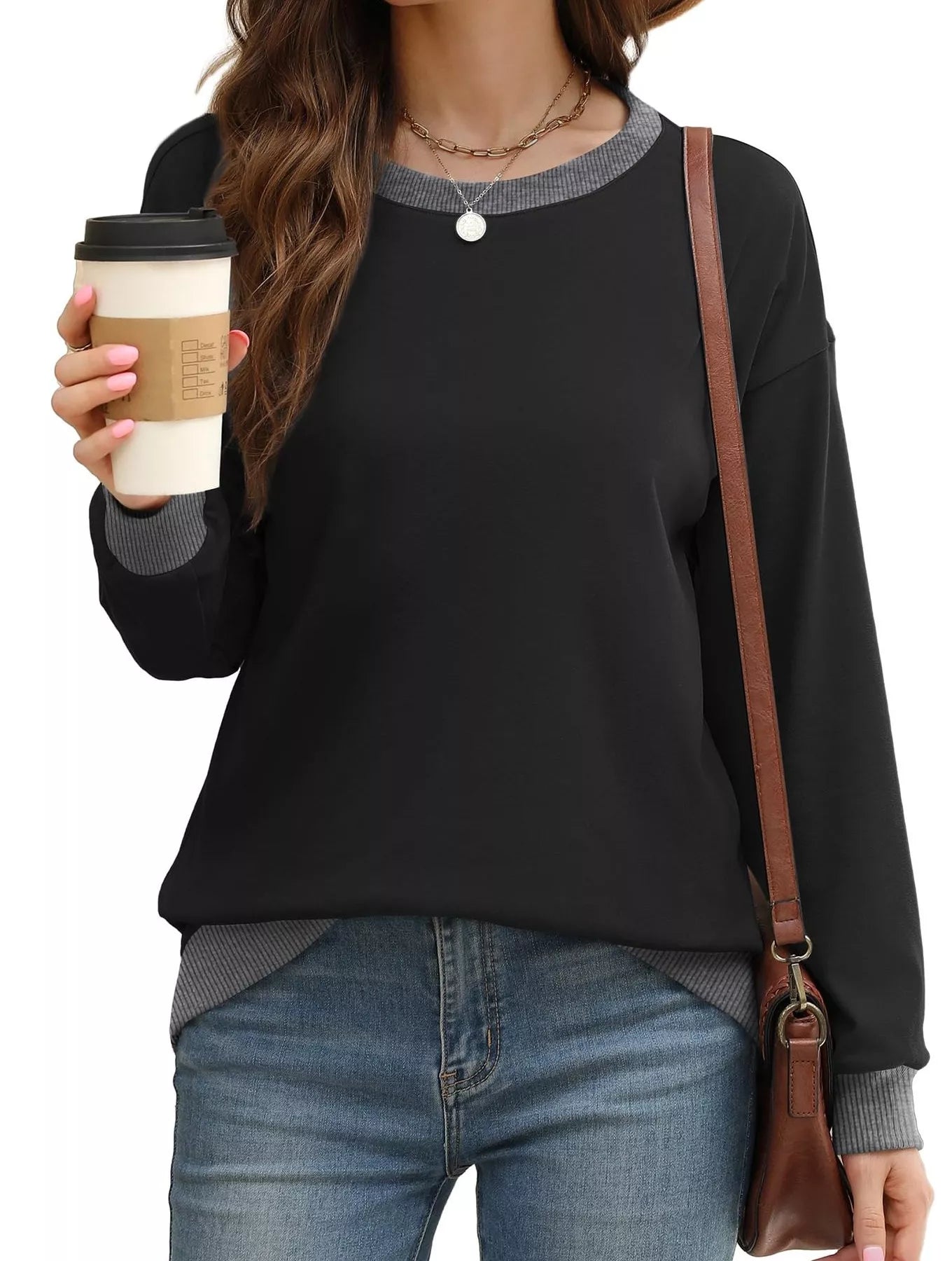Contrast Trim Crew Neck Casual Sweatshirt Secondary image