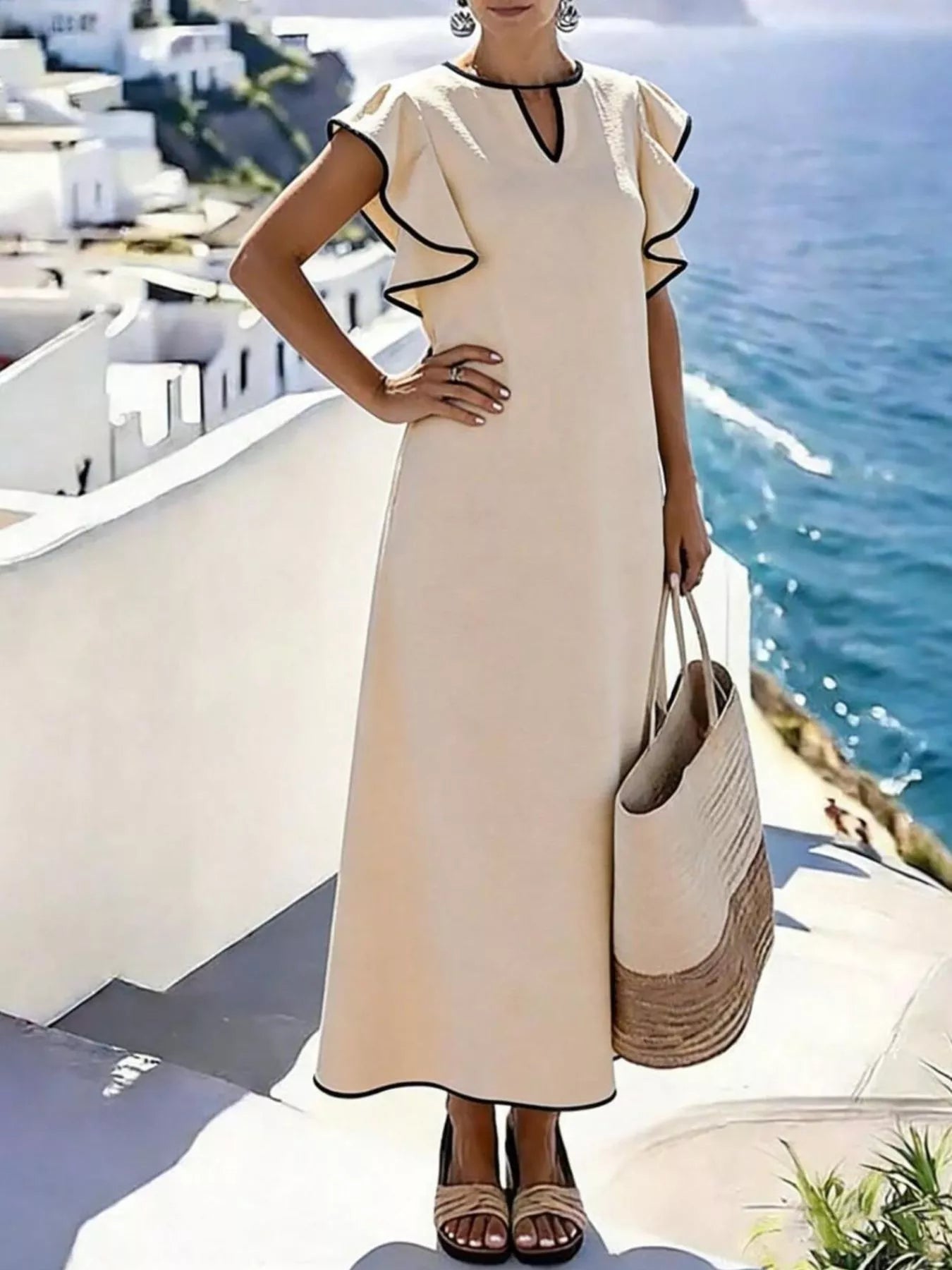 Ruffle Trim Notched Midi Dress Secondary image