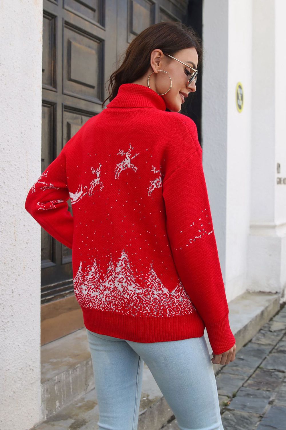 Reindeer & Snow Pattern Turtle Neck Pullover Sweater Secondary image