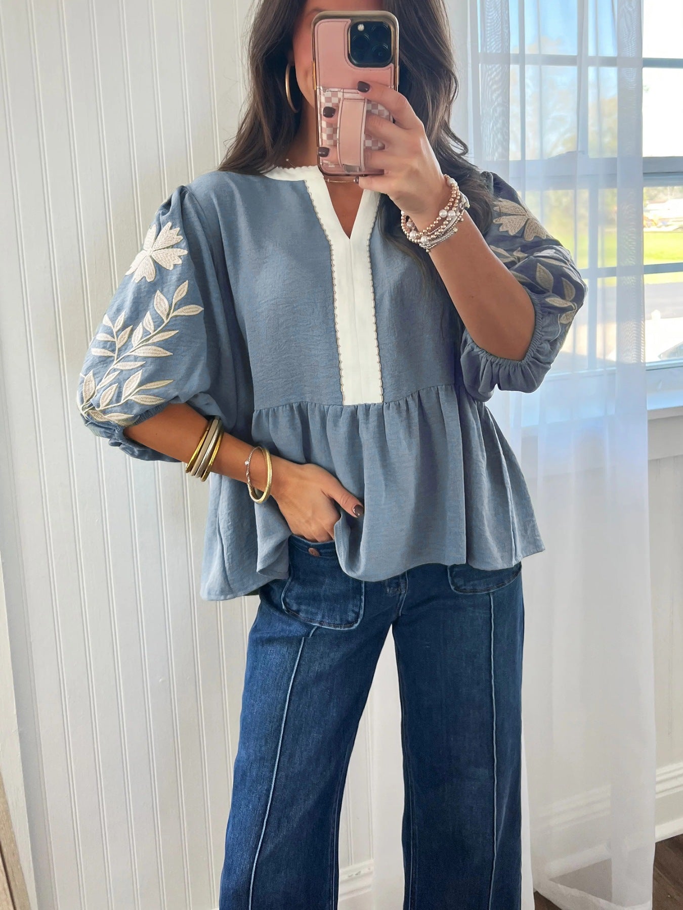 Embroidered Sleeve Peplum Blouse Secondary image