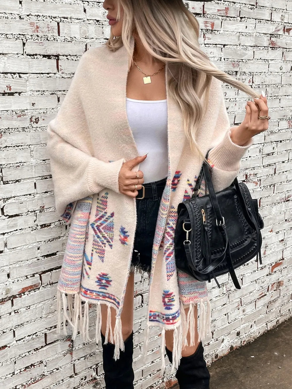 Fringe Geometric Open Front Long Sleeve Cape Secondary image