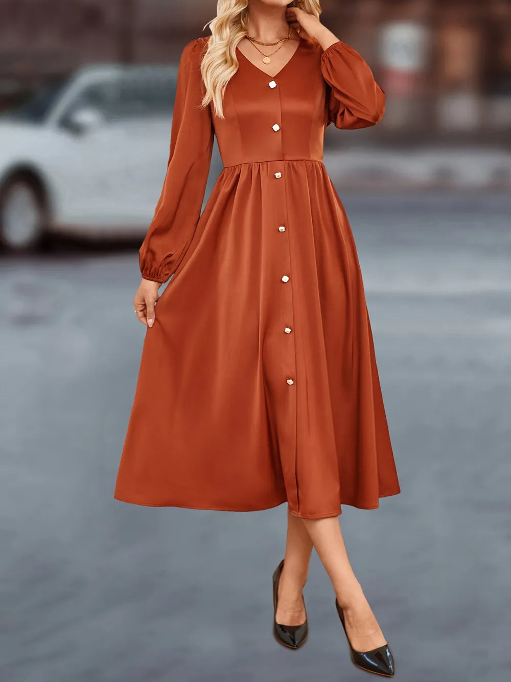 V-Neck Balloon Sleeve Midi Dress Secondary image