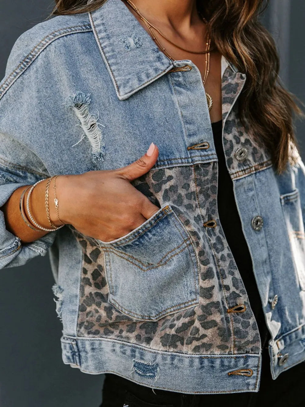 Distressed Leopard Drop Shoulder Denim Jacket Secondary image