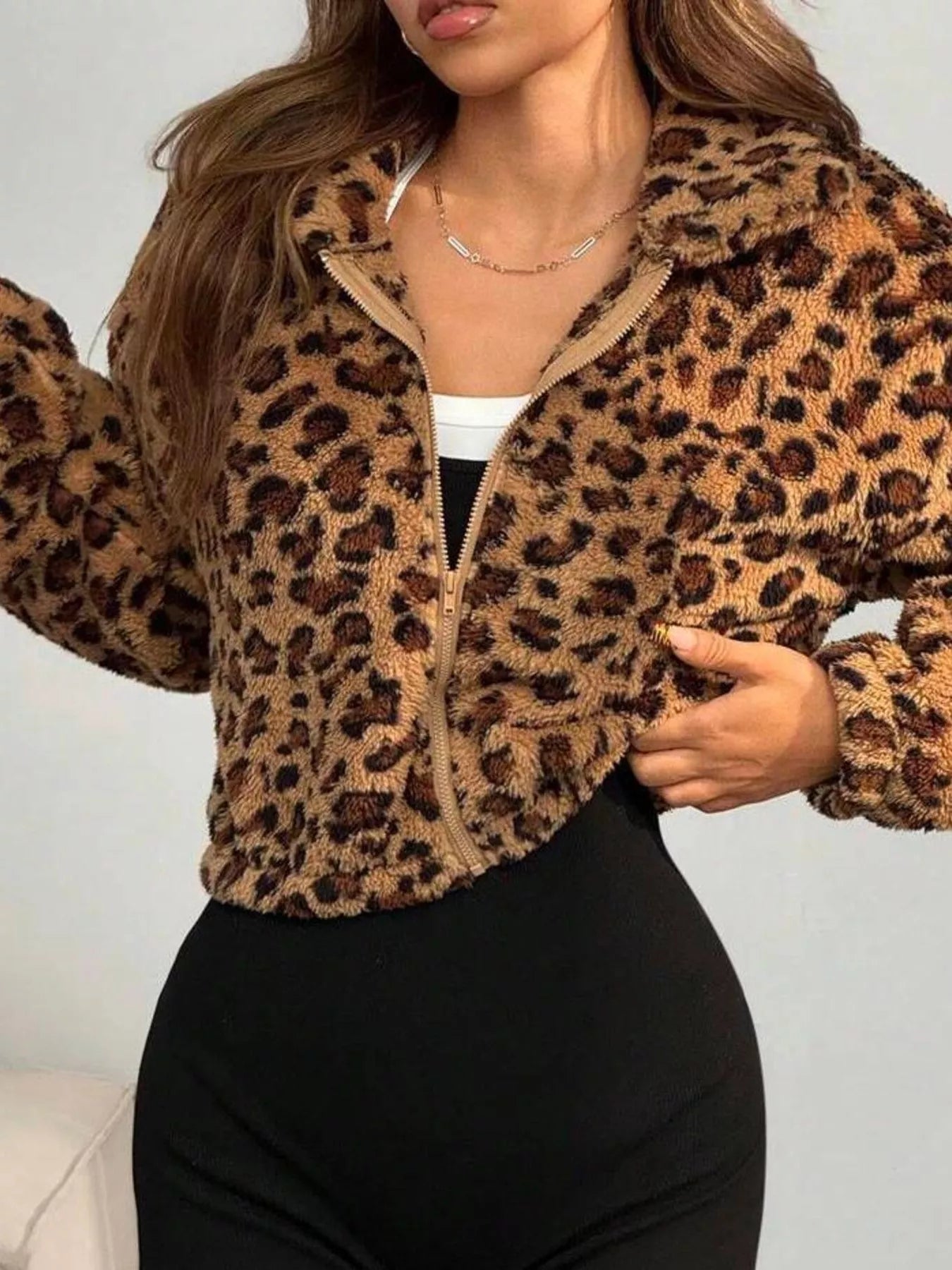 Leopard Print Fuzzy Cropped Jacket Secondary image