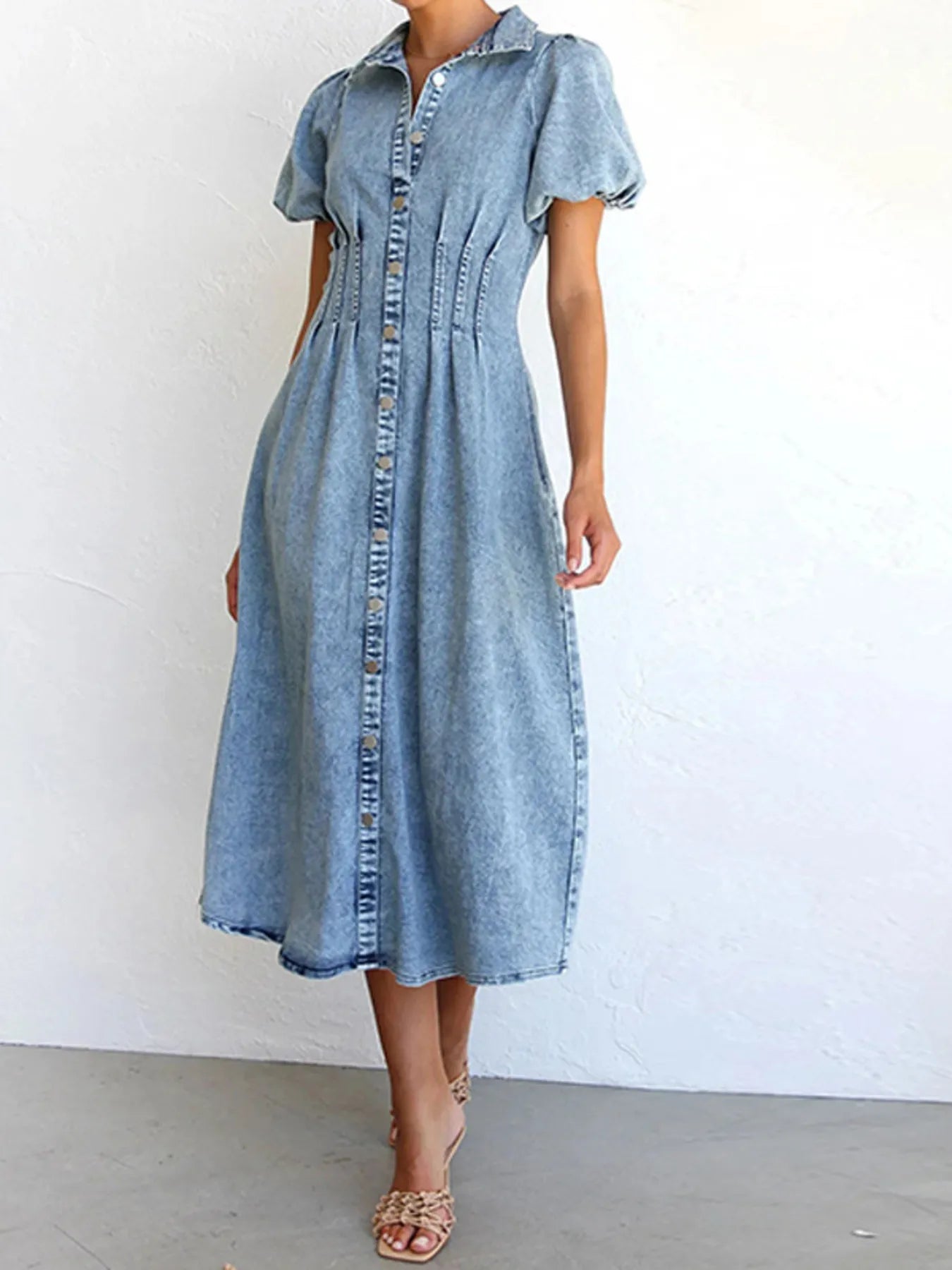Puff Sleeve Button Front Denim Midi Dress Secondary image